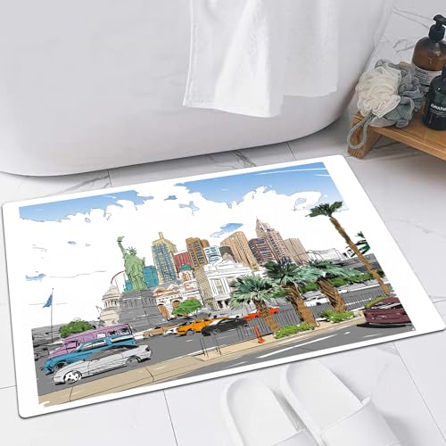EMFSLA rutschfest Badezimmer Badeteppiche,Weich Hochflor Saugfähig Badvorleger Waschbar Flauschige Mikrofaser Badematte,USA handgezeichnete Las Vegas City Nevada Street Sketch Gebäude von Li,40x60 cm von EMFSLA