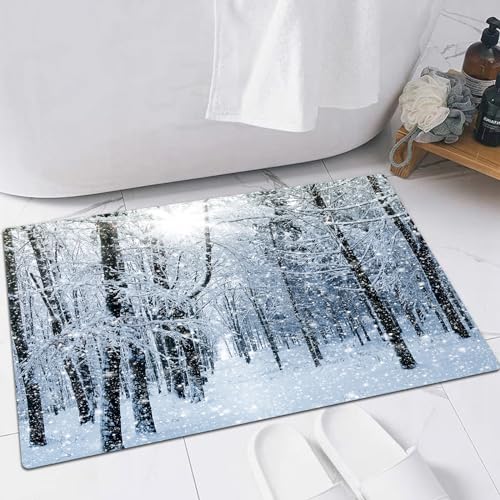 EMFSLA rutschfest Badezimmer Badeteppiche,Weich Hochflor Saugfähig Badvorleger Waschbar Flauschige Mikrofaser Badematte,Wald, Winterschnee auf Bäumen, Blau und Weiß, Braun, Rosa, Grün, Grau,40x60 cm von EMFSLA