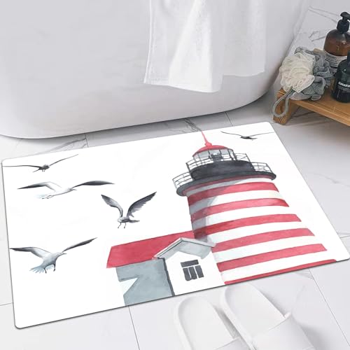 EMFSLA rutschfest Badezimmer Badeteppiche,Weich Hochflor Saugfähig Badvorleger Waschbar Flauschige Mikrofaser Badematte,Wohnungsdekor, Leuchtturm und Möwen am Strand Hilfe zur Navigation am,60x90 cm von EMFSLA