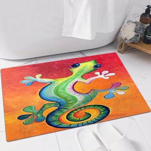 EMFSLA rutschfest Badezimmer Badeteppiche,Weich Hochflor Saugfähig Badvorleger Waschbar Flauschige Mikrofaser Badematte,grün orange blau gelb Chamäleon,60x90 cm von EMFSLA