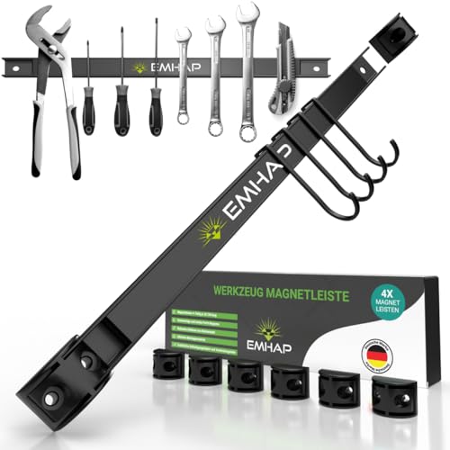 EMHAP© Magnetleisten Werkzeughalter EXTRA STARK 4er Set je 46CM lang Universal Magnetschiene Werkzeug Organizer - Magnetleiste Werkzeug Halterung inkl. 4x Haken zum einhängen + 8x Verbindungsstücke von EMHAP
