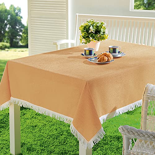 EMHELLE Gartentischdecke Garten Balkon Terrasse Tischdecke Camping Picknick Rund Oval Eckig Außen und Innenbereich Rutschhemmende Oberfläche mit weißen Fransen (130 x 160 cm, Beige) von EMHELLE