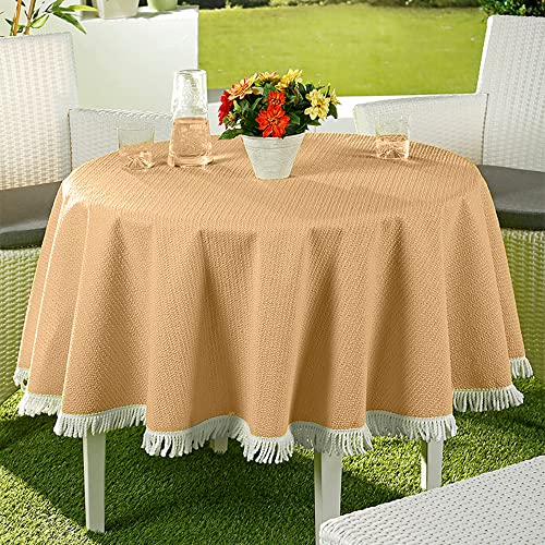 EMHELLE Gartentischdecke Garten Balkon Terrasse Tischdecke Camping Picknick Rund Oval Eckig Außen und Innenbereich Rutschhemmende Oberfläche mit weißen Fransen (160 cm Rund, Beige) von EMHELLE