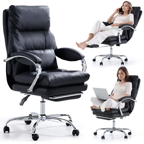 EMIAH Bürostuhl mit Fußstütze, Bequemer Schreibtischstuhl mit Gekreuzten Beinen und Armlehnen, Ergonomischer Chefsessel aus PU Leder mit Rollen, Computer Gaming Stuhl mit Verdicktem Kissen, Schwarz von EMIAH