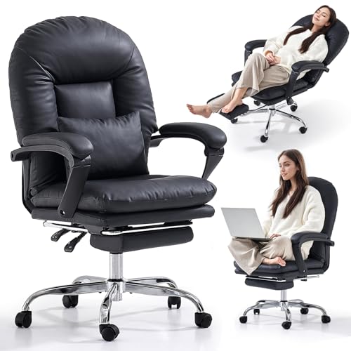 EMIAH Ergonomischer Bürostuhl mit Fußstütze, Verstellbarer Schreibtischstuhl PU Leder,Bequeme Moderne Kosmetikstühle mit Rollen, Mid-Back Cute Computer Stuhl für Zuhause Belastbar bis 150kg,Schwarz von EMIAH