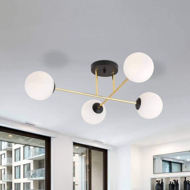 Deckenleuchte Magnum, 4-flg., opalweiß/gold/schwarz, Glas von EMIBIG LIGHTING