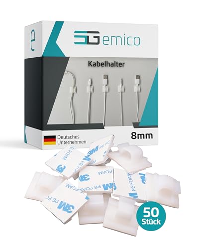 emico Kabelhalter - für Kabel bis 8 mm Durchmesser - 50 Stück Natur - Kabelclips aus hochwertigem PA 6.6 - Selbstklebend (3M Kleber) & RoHS-konform - Ideal für Kabel, Drähte & Lichterketten von EMICO