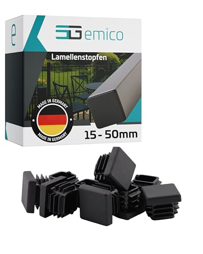 emico Lamellenstopfen 20x20 mm - Rohrwandstärke 0,8-3,0 mm - 10 Stück Schwarz - Quadratische Stopfen aus robustem PE - Witterungsbeständige & stoßfeste Rohrstopfen - Ideal für Rohrabdeckungen von EMICO