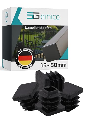 emico Lamellenstopfen 20x20 mm - Rohrwandstärke 0,8-3,0 mm - 4 Stück Schwarz - Quadratische Stopfen aus robustem PE - Witterungsbeständige & stoßfeste Rohrstopfen - Ideal für Rohrabdeckungen von EMICO