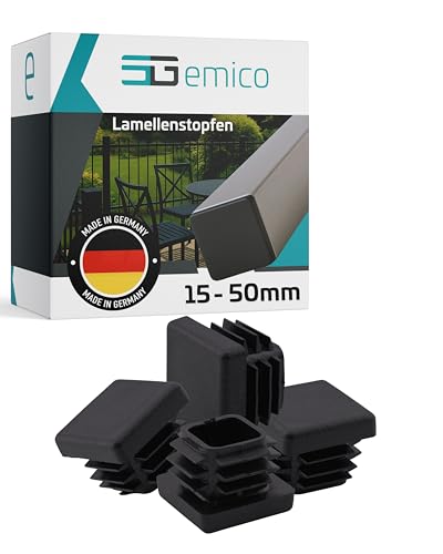 emico Lamellenstopfen 25x25 mm - Rohrwandstärke 1,0-3,5 mm - 4 Stück Schwarz - Quadratische Stopfen aus robustem PE - Witterungsbeständige & stoßfeste Rohrstopfen - Ideal für Rohrabdeckungen von EMICO