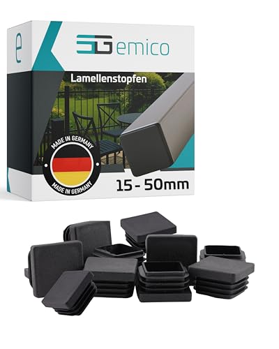 emico Lamellenstopfen 30x30 mm - Rohrwandstärke 1,0-2,5 mm - 10 Stück Schwarz - Quadratische Stopfen aus robustem PE - Witterungsbeständige & stoßfeste Rohrstopfen - Ideal für Rohrabdeckungen von EMICO