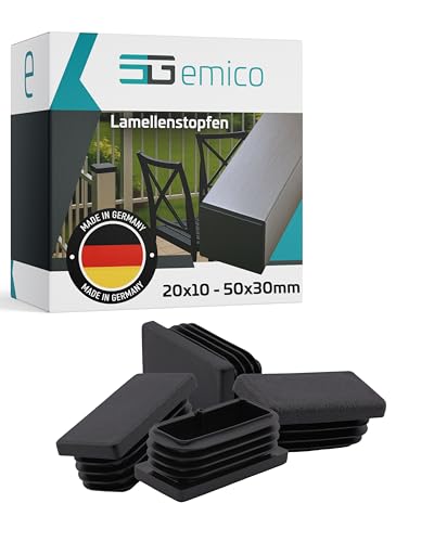 emico Lamellenstopfen 50 x 30 mm - Rohrwandstärke 1,0-3,0 mm - 4 Stück Schwarz - Rechteckige Stopfen aus hochwertigem PE - Witterungsbeständige & stoßfeste Rohrstopfen - Ideal für Rohrabdeckungen von EMICO