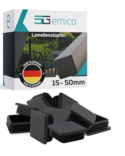emico Lamellenstopfen 50x50 mm - Rohrwandstärke 0,8-3,0 mm - 10 Stück Schwarz - Quadratische Stopfen aus robustem PE - Witterungsbeständige & stoßfeste Rohrstopfen - Ideal für Rohrabdeckungen von EMICO