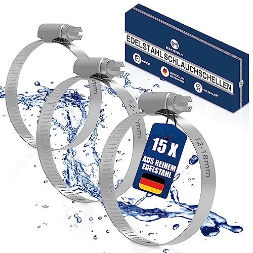 EMIPRA® Schlauchschellen Set [12-18mm, 15 Stk] - optimierte Geometrie für besonders einfache Rotation - Schlauchschellen Edelstahl rostfrei gemäß DIN 3017 W4 von EMIPRA