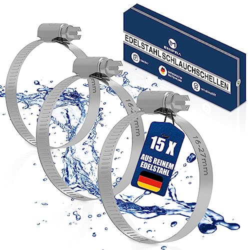 EMIPRA® Schlauchschellen Set [16-27mm, 15 Stk] - optimierte Geometrie für besonders einfache Rotation - Schlauchschellen Edelstahl rostfrei gemäß DIN 3017 W4 von EMIPRA