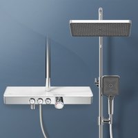 EMKE Duschsystem mit Thermostat Glasablage Handbrause mit 3 Strahlarten Regendusche, Wasserauslass Verbrühungsschutz Wandmontage KTW-Zertifizierung, von EMKE