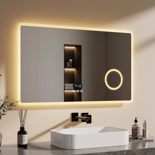 EMKE® 7 in 1 Badspiegel mit Beleuchtung 100x60cm Badezimmerspiegel 3000K/4000K/6500K Touch+Dimmbar+Beschlagfrei+3X Kosmetikspiegel+Bluetooth Energiesparend IP44 Einfach Installation Wandspiegel von EMKE
