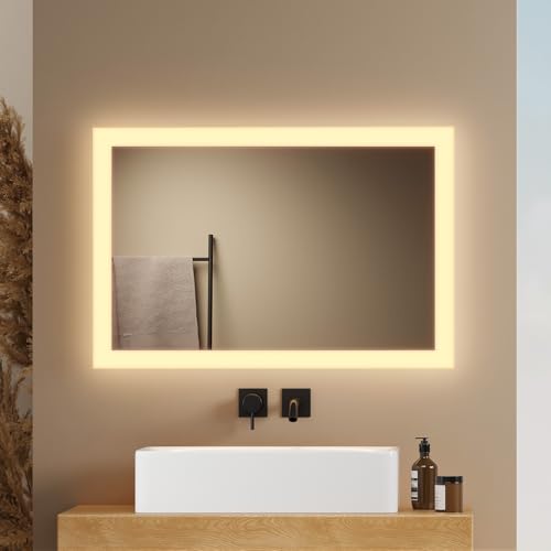 EMKE® Badspiegel mit Beleuchtung 60x40cm LED Wandspiegel 3000K Warmweiß Wandschalter Vertikal/Horizontal Montage IP44 Explosionsschutz Badezimmerspiegel mit Beleuchtung Energiesparend von EMKE