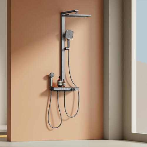 EMKE® Duschsystem Regendusche Anthrazit Matt 40 cm LED-Anzeige Glasablage Duschsystem mit Thermostat, mit 3+1 Elternteil und Kind Handbrause+Übergröße Regendusche +Auslauf, Einfach Install von EMKE