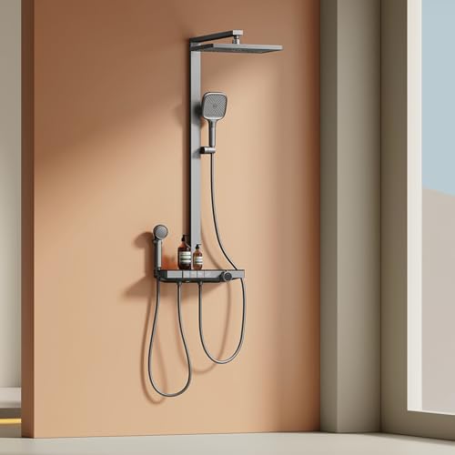 EMKE® Duschsystem Regendusche Anthrazit Matt 40 cm LED-Anzeige Glasablage Duschsystem mit Thermostat, mit 3+1 Elternteil und Kind Handbrause+Übergröße Regendusche +Auslauf, Einfach Install Duschsystem von EMKE