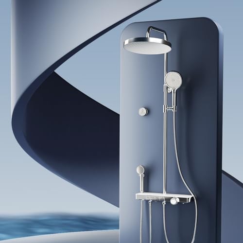 EMKE® Duschsystem Regendusche Chrom 40 cm LED-Anzeige Glasablage Duschsystem mit Thermostat, mit 3+1 Elternteil und Kind Handbrause+Übergröße Regendusche+Unterer Auslauf, Einfach Install Duschsystem von EMKE