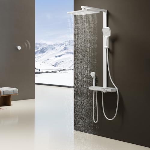 EMKE® Duschsystem Regendusche Weiß Matt 40 cm LED-Anzeige Glasablage Duschsystem mit Thermostat, mit 3+1 Elternteil und Kind Handbrause+Übergröße Regendusche+Auslauf, Einfach Install von EMKE