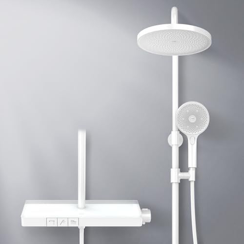 EMKE® Duschsystem mit Thermostat, Regendusche mit Thermostat mit 40 cm Glasablage, Übergröße Regendusche + Handbrause 3 Strahlarten + Unterer Auslauf, Einfach Install Brauseset, KTW, Weiß von EMKE
