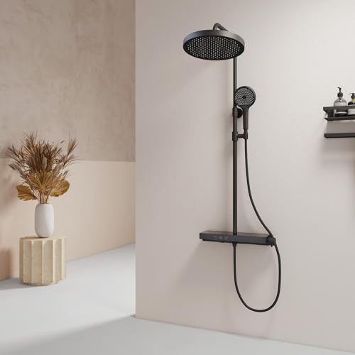 EMKE® Duschsystem mit Thermostat Schwarz Matt 40 cm Glasablage Duschsystem Regendusche, mit 3 Strahlarten Handbrause+Übergröße Regendusche mit Armatur+Unterer Auslauf, Einfach Install von EMKE