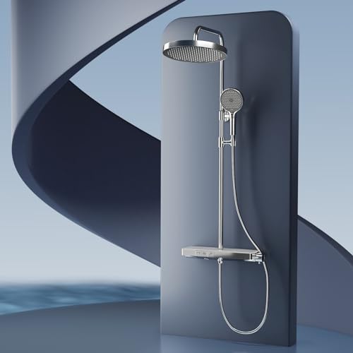 EMKE® Duschsystem mit Thermostat 40 cm Glasablage Duschsystem Regendusche,Übergröße Regendusche + Handbrause 3 Strahlarten + Unterer Auslauf, Duschset Einfach Install, KTW-Zertifizierung, Chrom von EMKE