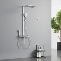 Duschsystem mit Thermostat Weiß Matt 40 cm LED-Anzeige Glasablage Duschsystem Elternteil und Kind Handbrause+Übergröße Regendusche +Auslauf von EMKE