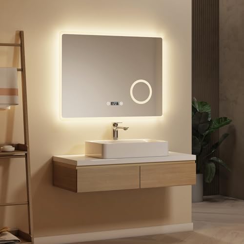 EMKE® LED Badspiegel Lichtspiegel LED Spiegel Wandspiegel mit Touch-Schalter Badspiegel mit Beleuchtung und Uhr 80x60cm IP44 3000K/4000K/6500K dimmbar von EMKE