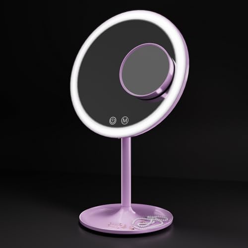 EMKE® Violett Kosmetikspiegel mit Beleuchtung 3 Lichtfarben Dimmbar 1X / 3X Beleuchteter Kosmetikspiegel 90°Drehbar+USB Aufladbarer LED Schminkspiegel, Macaron Tischspiegel für Schminken und Rasieren von EMKE