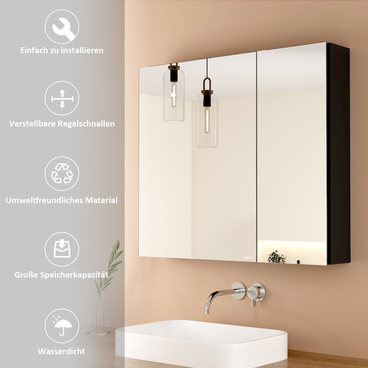 Bad-Spiegelschrank mit 2 Soft-Close-Flügeltüren & kupferfreiem Spiegel, 75–85 × 65 cm von EMKE