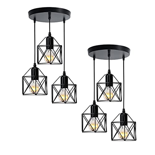 EMKE Vintage Pendelleuchte Hängelampe 3 Flammige Kronleuchter E27 Lampen Hängeleuchte Pendellampe für Wohnzimmer Küche Esszimmer Lampe Schwarz (2 Sets) von EMKE