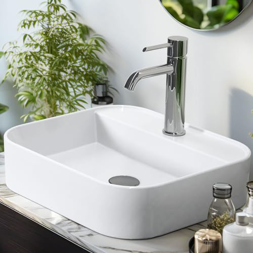 EMKE Aufsatzwaschbecken Keramik Waschbecken Bad 40 x 40 x 11 cm, Hängewaschbecken für Badezimmer Gäste WC, Waschtisch Handwaschbecken Klein Rechteckig Waschplatz Aufsatzbecken Waschschüssel Weiß von EMKE