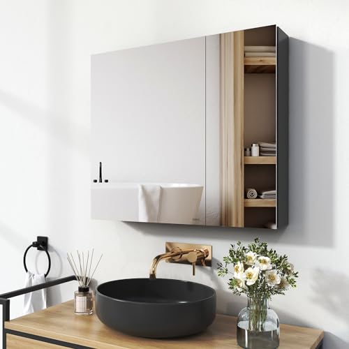 EMKE Spiegelschrank Bad, Badezimmer Spiegelschrank mit Spiegel, 75x65cm Badschrank Wandschrank mit höhenverstellbaren Glasablage (Grau Mattiert) von EMKE