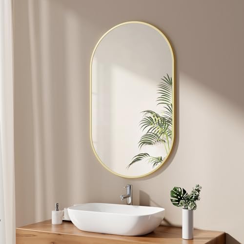 EMKE Badezimmerspiegel, 60 x 100 cm, Wandspiegel mit Rahmen aus gebürstetem Gold, oval, horizontal/vertikal, für Badezimmer, Flur, Wohnzimmer, Schlafzimmer, Gäste-WC EMKE Badezimmerspiegel, 60 x 100 cm, Wandspiegel mit Rahmen aus gebürstetem Gold, oval, horizontal/vertikal, für Badezimmer, Flur, Wohnzimmer, Schlafzimmer, Gäste-WC von EMKE