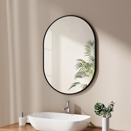 EMKE Badezimmerspiegel, 60 x 80 cm, Wandspiegel, schwarz, oval, horizontal/vertikal, für Badezimmer, Flur, Wohnzimmer, Schlafzimmer, Gäste-WC EMKE Badezimmerspiegel, 60 x 80 cm, Wandspiegel, schwarz, oval, horizontal/vertikal, für Badezimmer, Flur, Wohnzimmer, Schlafzimmer, Gäste-WC von EMKE