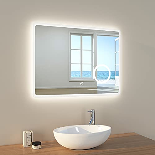 EMKE Badspiegel mit Beleuchtung 80x60cm Badezimmerspiegel mit 3X Kosmetikspiegel+Antibeschlag+Kaltweiß Lichtspiegel 6500K+Touch IP44 energiesparend wandspiegel von EMKE