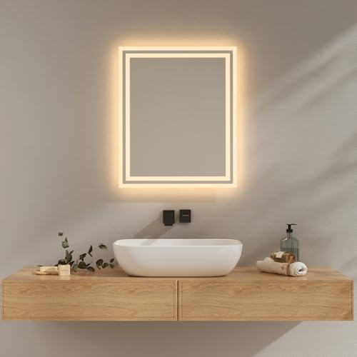 EMKE Badezimmerspiegel mit Beleuchtung, 50 x 60 cm, beschlagfrei, 2 Farbtemperaturen (Warmweiß/Kaltweiß), Wippschalter, horizontal/vertikal, LED-Spiegel, IP44 von EMKE