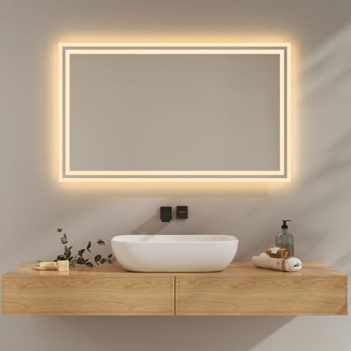 EMKE Badezimmerspiegel mit Beleuchtung, 60 x 100 cm, beschlagfrei, 2 Farbtemperaturen (Warmweiß/Kaltweiß), Wippschalter, horizontal/vertikal, LED-Spiegel, IP44 von EMKE