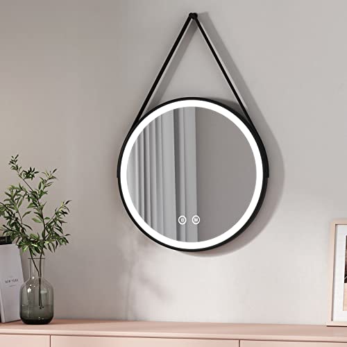 EMKE Badezimmerspiegel mit Beleuchtung, Badezimmerspiegel, LED, rund, F50 cm, mit Touch-Schalter + 3 Arten von Leuchten, warmweiß/kaltweiß/neutral, Rahmen schwarz von EMKE