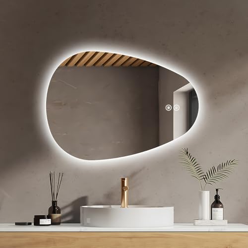 EMKE Badezimmerspiegel mit Beleuchtung Asymmetrischer Spiegel 70 x 50 cm mit Touch-Schalter, 3 Lichtfarben Dimmbar, Beschlagfrei Badspiegel mit Beleuchtung IP44 Energiesparend von EMKE