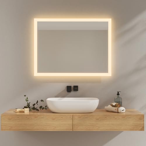 EMKE Badezimmerspiegel mit LED-Licht, 60 x 80 cm, LED-Badezimmerspiegel, 3000 K, warmweiß, Wandschalter, vertikal/horizontal, explosionsgeschützter Spiegel IP44, energiesparend, LED-Spiegel von EMKE