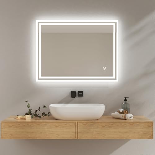 EMKE Badezimmerspiegel mit LED-Licht, 80 x 60 cm, Badezimmerspiegel mit Beleuchtung, kaltweißes Licht, dimmbar, Wandspiegel mit Touchschalter, IP44, energieeffizient von EMKE