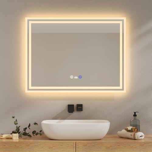EMKE Badezimmerspiegel mit LED-Licht, 80 x 60 cm, Badezimmerspiegel mit Bewegungssensor, Beschlagschutz, 3 dimmbare Lichtfarben, automatische Abschaltung nach 1 Stunde, IP44, LED-Badspiegel von EMKE