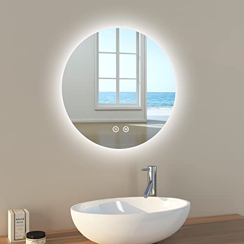 EMKE Badezimmerspiegel mit Licht 50 cm Durchmesser, runder LED-Badezimmerspiegel mit Touch-Schalter + Dimmbar + 3 Farben + Speicherfunktion, Wandspiegel Modell B von EMKE