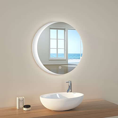 EMKE Badezimmerspiegel mit Licht 60 cm Durchmesser, runder LED-Badezimmerspiegel mit Touch-Schalter + Dimmbar + 3 Farben + Speicherfunktion, Wandspiegel Modell D von EMKE