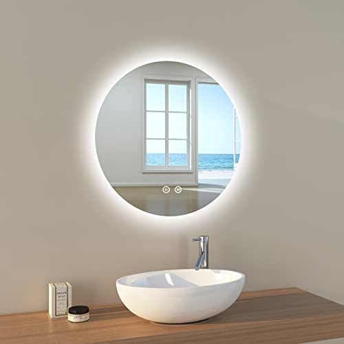 EMKE Badezimmerspiegel mit Licht 60 cm Durchmesser, runder LED-Badezimmerspiegel mit Touch-Schalter + Dimmbar + 3 Farben + Speicherfunktion, Wandspiegel Modell B von EMKE