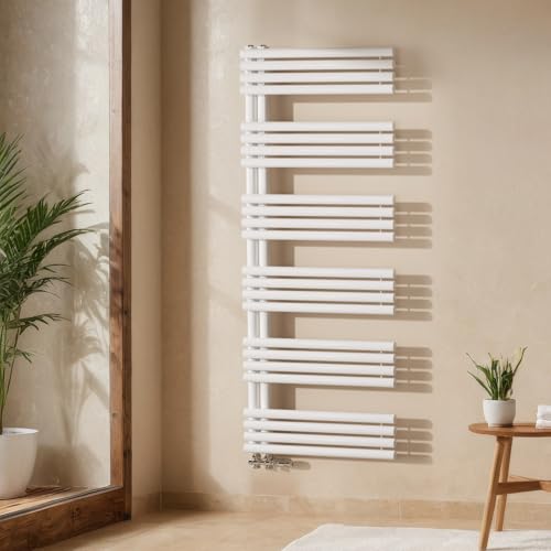 EMKE Badheizkörper 1535 x 600 mm, Runde Rohre Handtuchheizkörper Seitenanschluss Badheizkörper Handtuchhalter Handtuchwärmer Handtuchtrockner Handtuch Heizkörper Bad Weiß 933W von EMKE